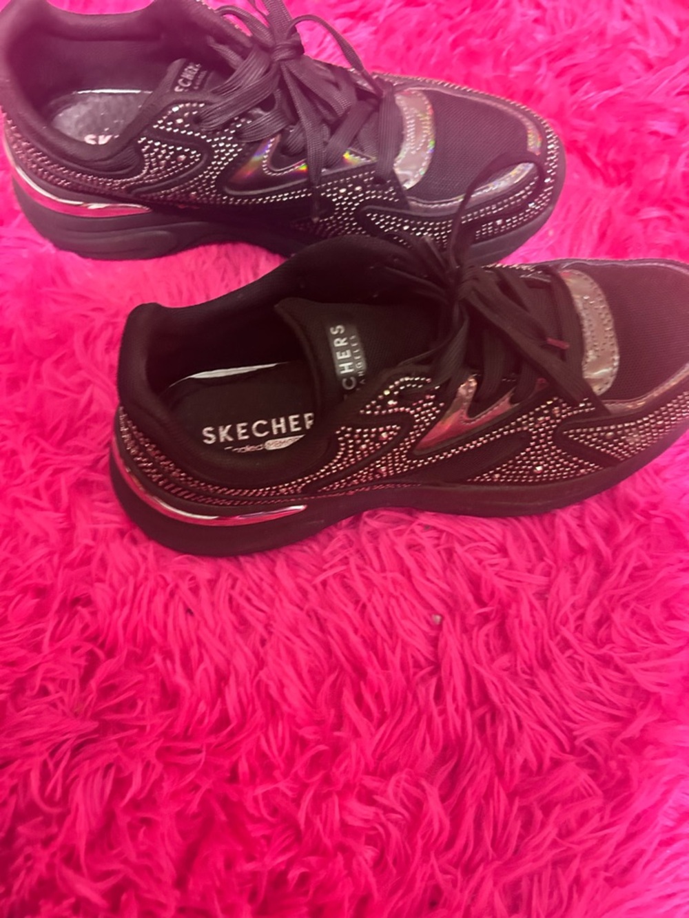 Skechers Black Athletic Sneakers with Pink Accents and Iridescent Trim